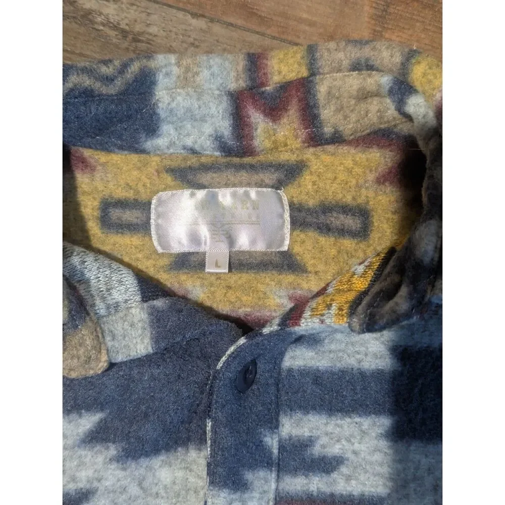 Raw Yarn Mens Aztec Southwest Fleece Button Up Shirt Jacket Large Tribal Print